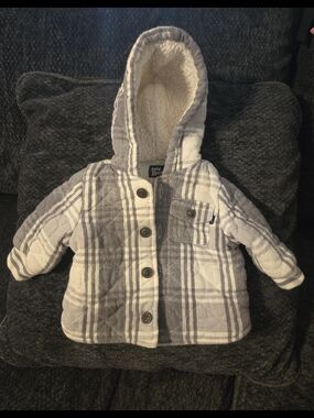 OshKosh B'gosh Gray & White Plaid Hooded Puffer Jacket